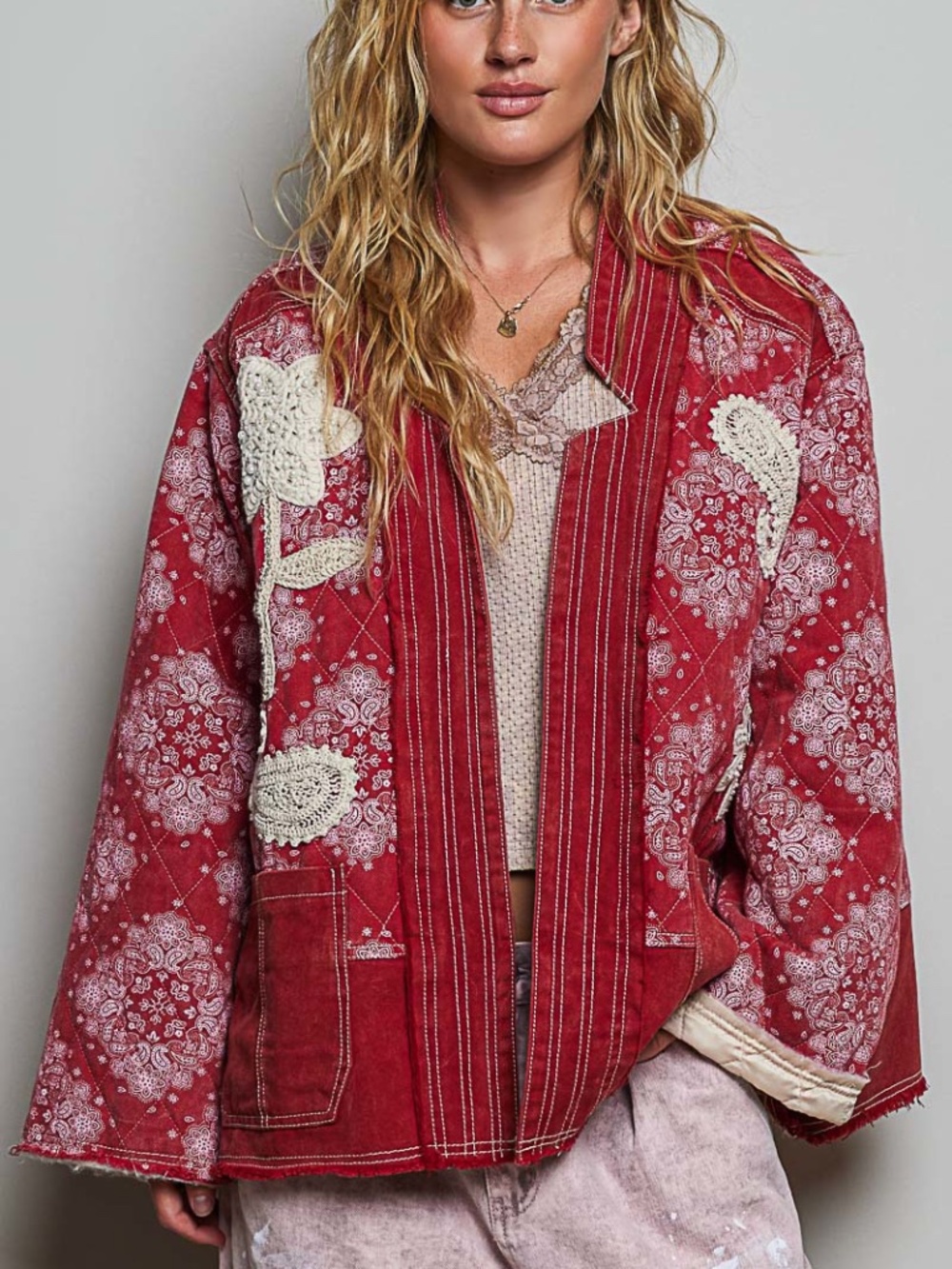 POL Red Paisley Print Reverse Stitch Floral Embroidered Open Front Jacket